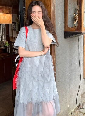 圆领夏装灰色网纱连衣裙2025夏季新款法式高级感时尚休闲风裙子女