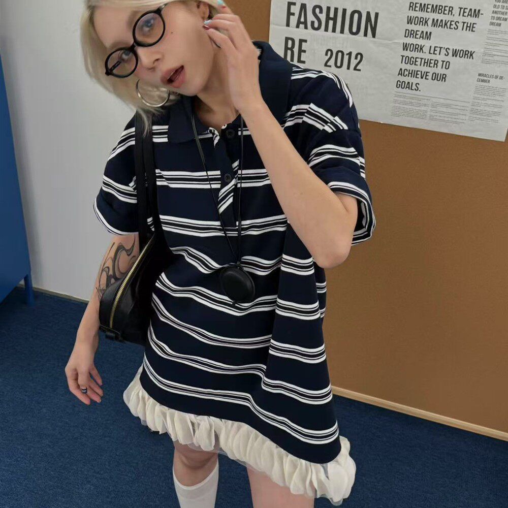 撞色翻领条纹连衣裙女2026夏季大码胖MM宽松休闲气质百搭拼接裙子