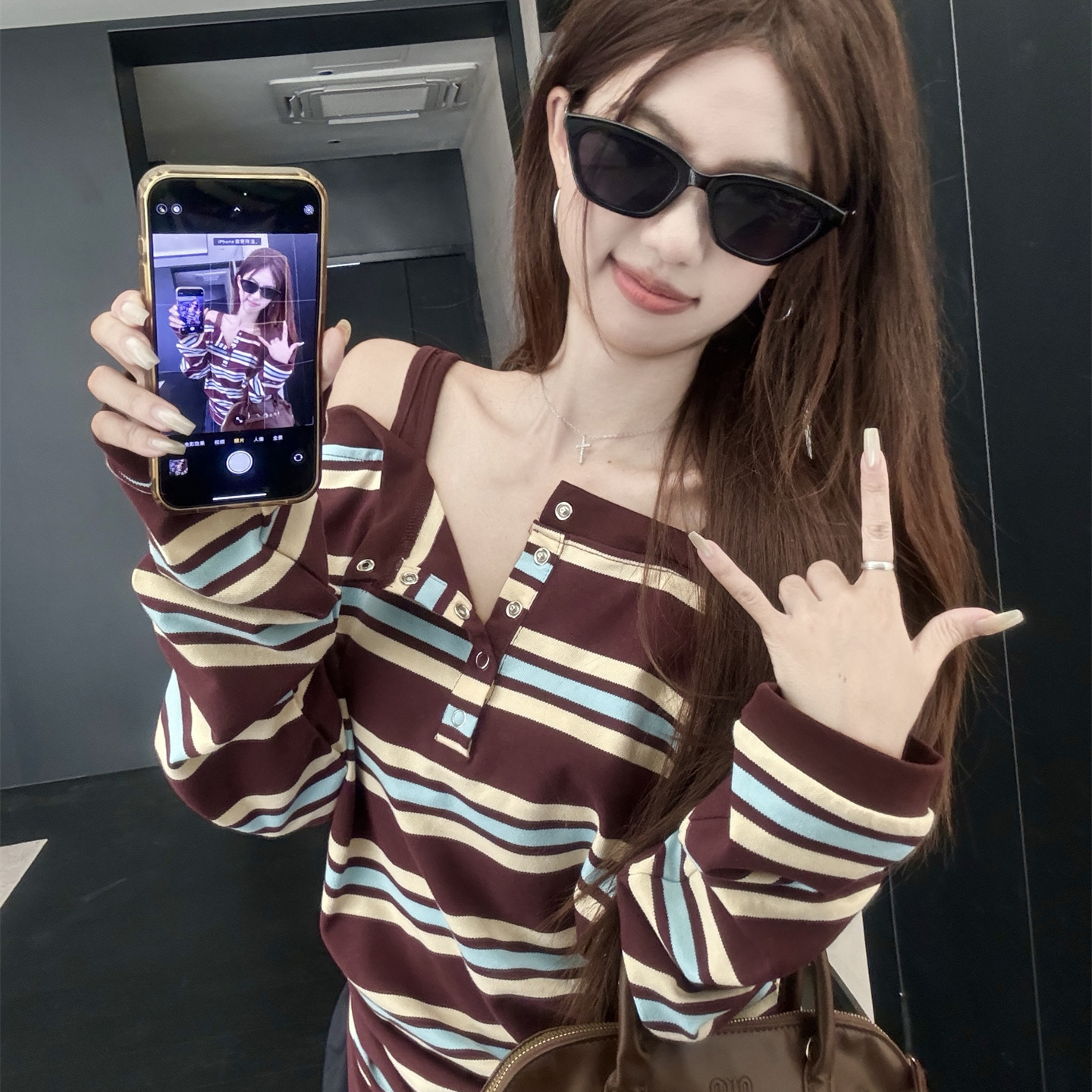 送运费险-韩系条纹拼接长袖T恤女