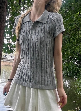 学院风polo短袖女夏季新款绞花修身显瘦t恤vintage灰色高级感上衣