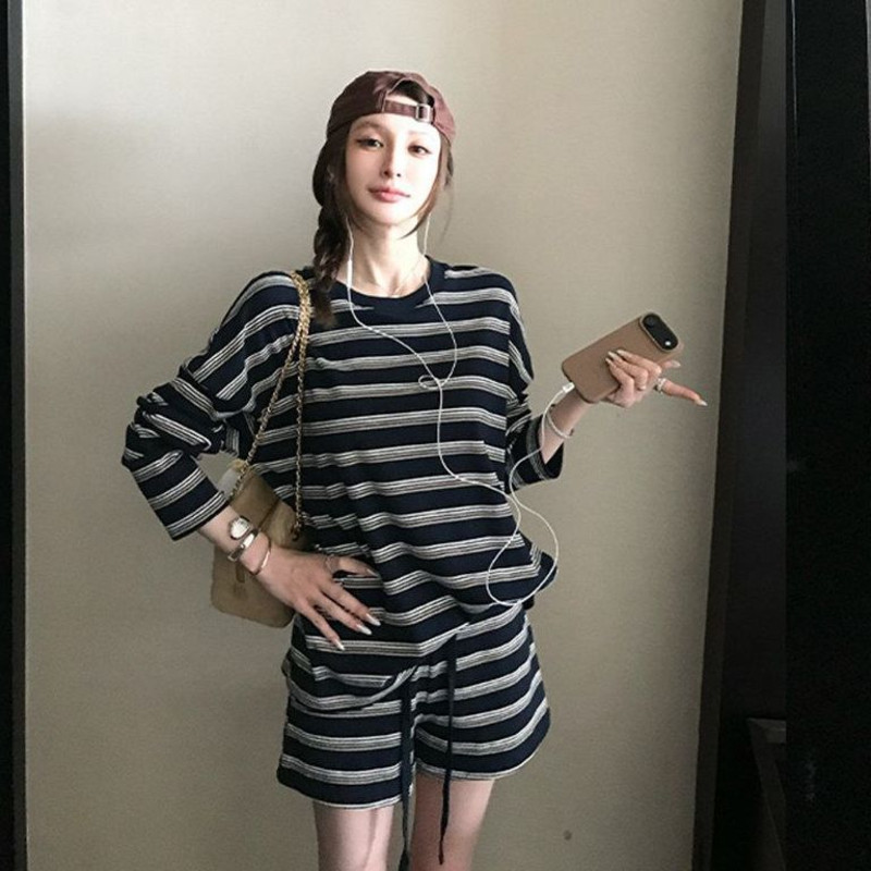 复古松弛感条纹长袖睡衣女2026秋季新款大码短裤可外穿家居服套装