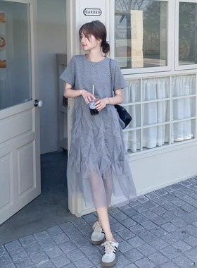 孕妇夏装灰色网纱连衣裙2025夏季新款法式高级感时尚休闲夏款裙子