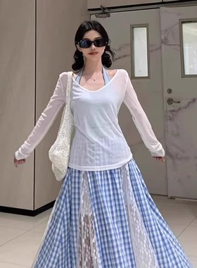 韩版薄款新款白色防晒针织开衫纯色挂脖背心上衣罩衫女装两件套女