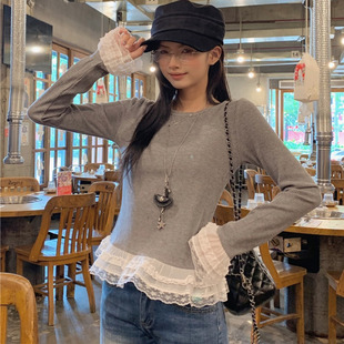 芭蕾风撞色花边修身 法式 新款 秋季 内搭上衣 少女感蕾丝边拼接针织衫