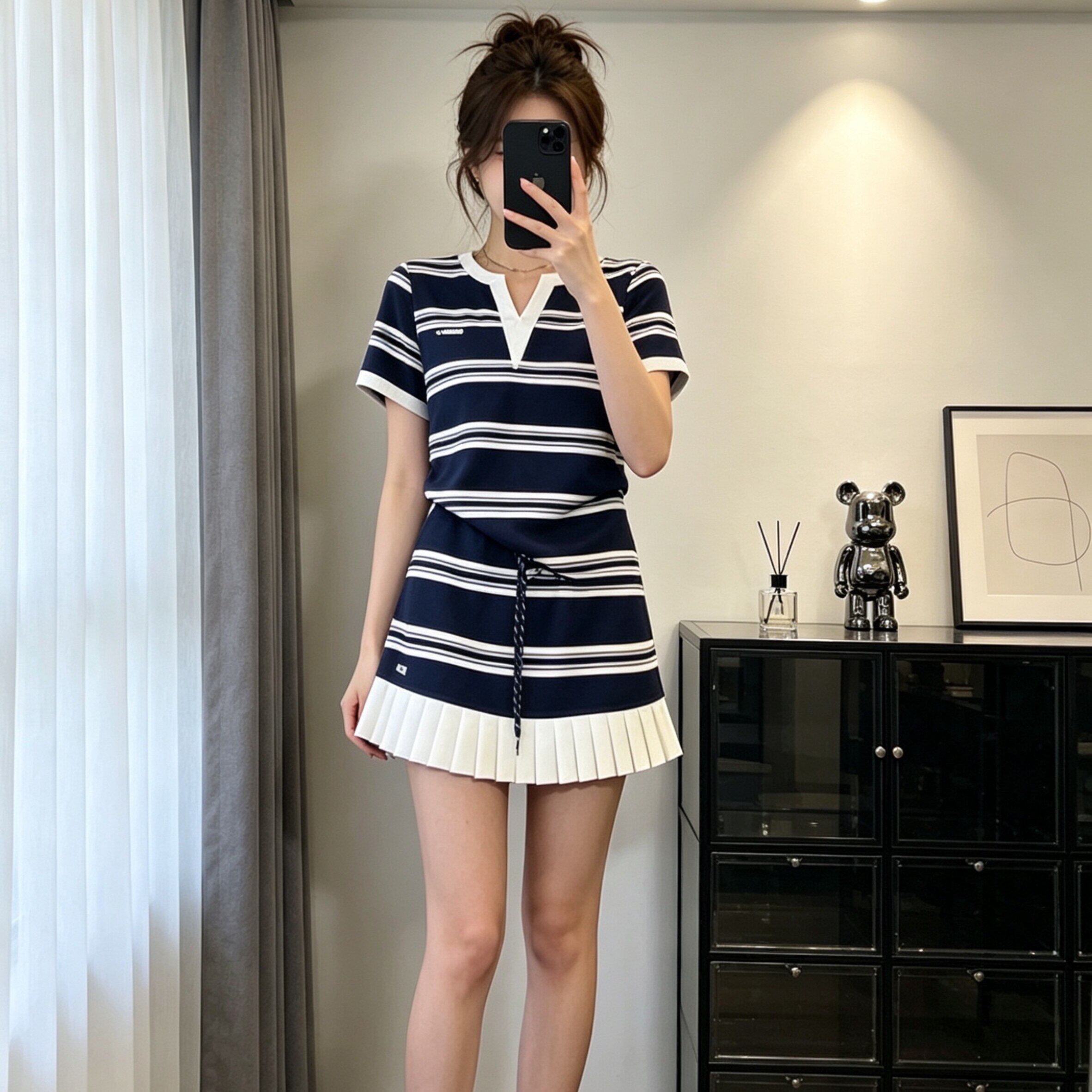 一整套ootd穿搭套装女2026夏季韩版撞色条纹T恤+百褶半身裙两件套