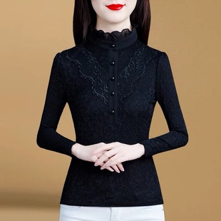 保暖内衣女士加绒加厚蕾丝打底衫秋冬季可外穿内搭半高领长袖上衣