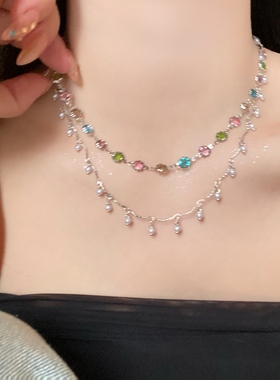 「云梦泽」多巴胺彩色锆石珍珠项链可爱甜美高级感锁骨链女