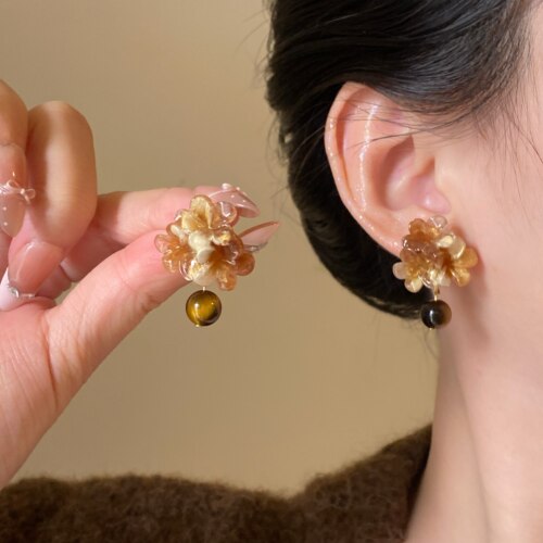虎眼石花朵轻奢秋冬珍珠耳环女