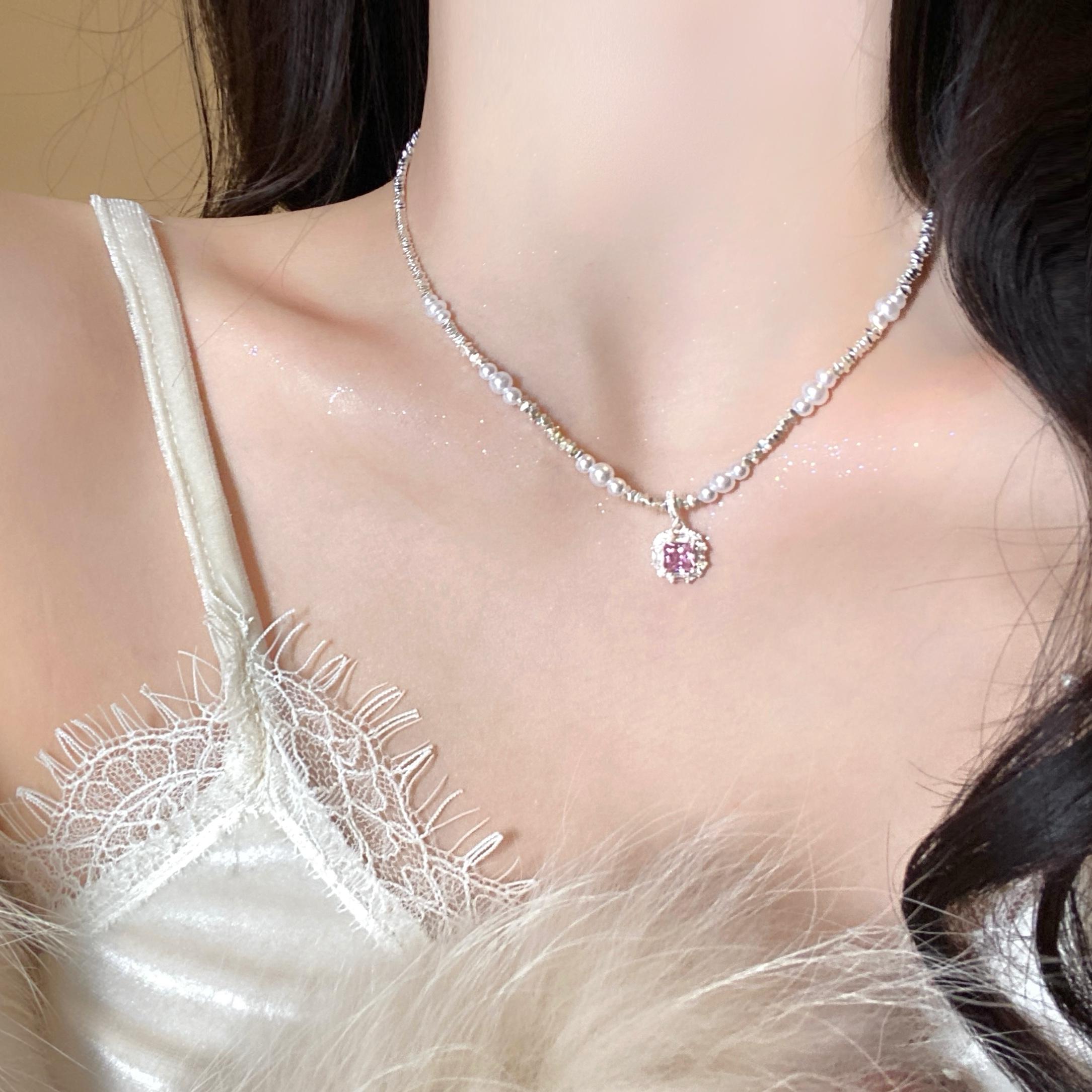 碎银子粉色锆石吊坠项链礼物女