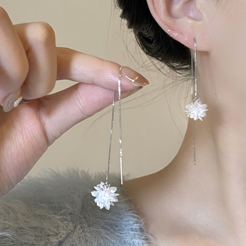 显脸小长款流苏雪花锆石耳线耳夹