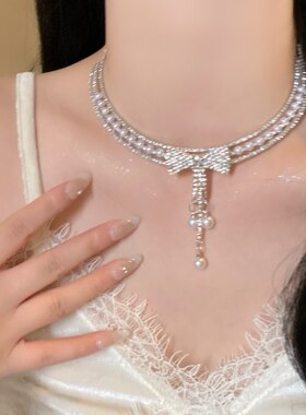 闪钻蝴蝶结珍珠项链女轻奢千金感