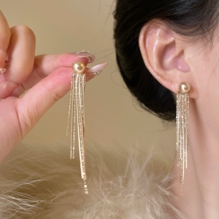 「香槟晚会」高级感金色长款流苏耳环女气质金属耳饰无耳洞耳夹