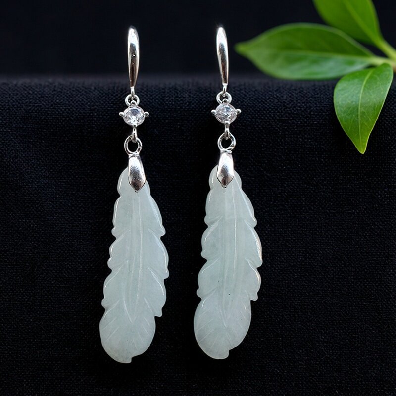 天然翡翠A货凤羽耳环玉吊坠耳坠925银玉耳环羽毛轻奢耳饰送证书