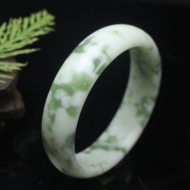 天然岫玉飘花扁条手镯 玉镯子玉石手镯58mm女款百搭玉手镯手环