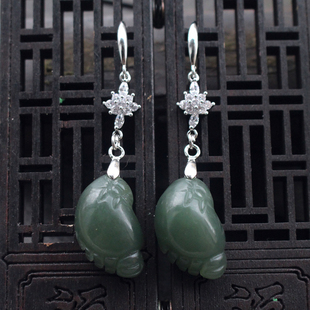 天然和田青玉耳环 玉耳坠大款女 知足常乐玉耳饰925银耳钩玉耳钉