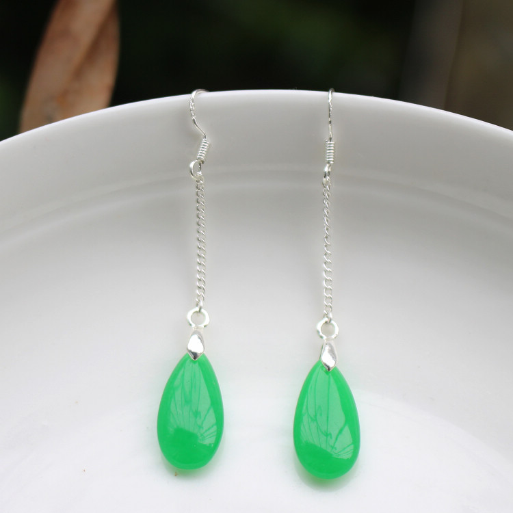 马来玉水滴长款玉耳环 925银耳钩耳坠女汉服旗袍耳饰百搭包邮
