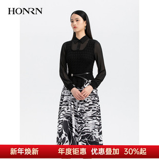 女HH33OL282 连衣裙春秋款 HONRN 红人气质假两件裙子黑白色长袖