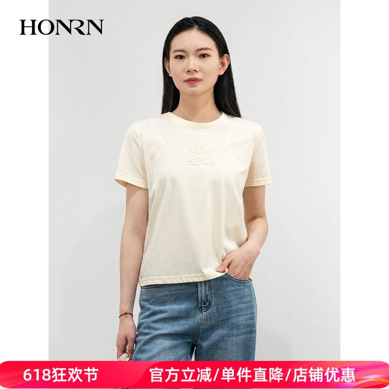 HONRN/红人休闲圆领宽松显瘦短袖正肩纯棉女t恤上衣夏HJ22SY601