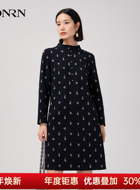 HONRN/红人蓝色兔子印花长袖立领羊毛直筒连衣裙女秋冬HG55OL508