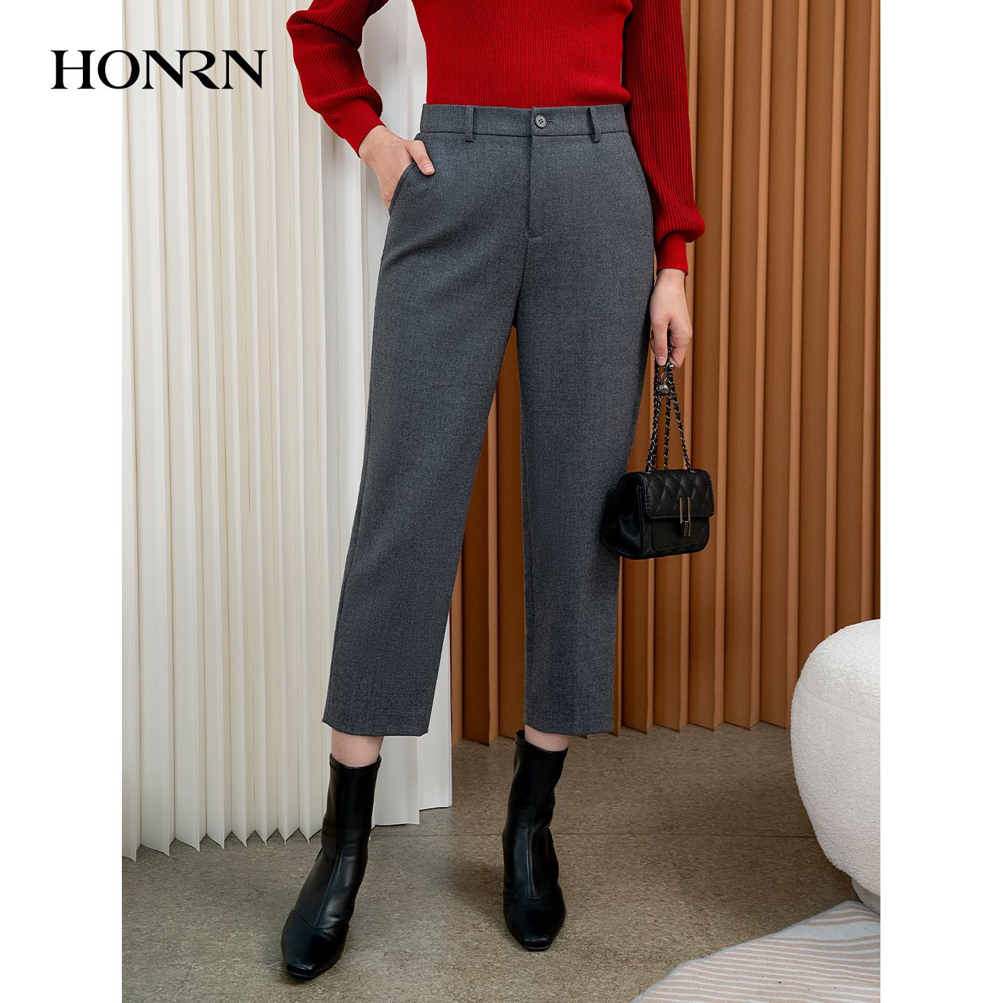 HONRN/红人羊毛直筒阔腿休闲裤