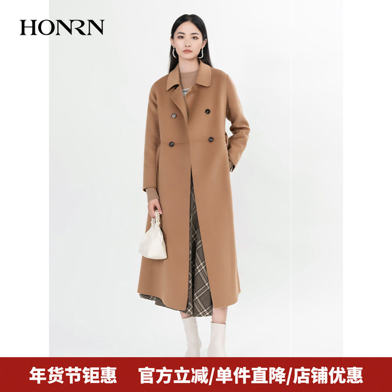HONRN/红人中长款系带收腰显瘦羊毛呢子大衣外套女冬季HI59OD082