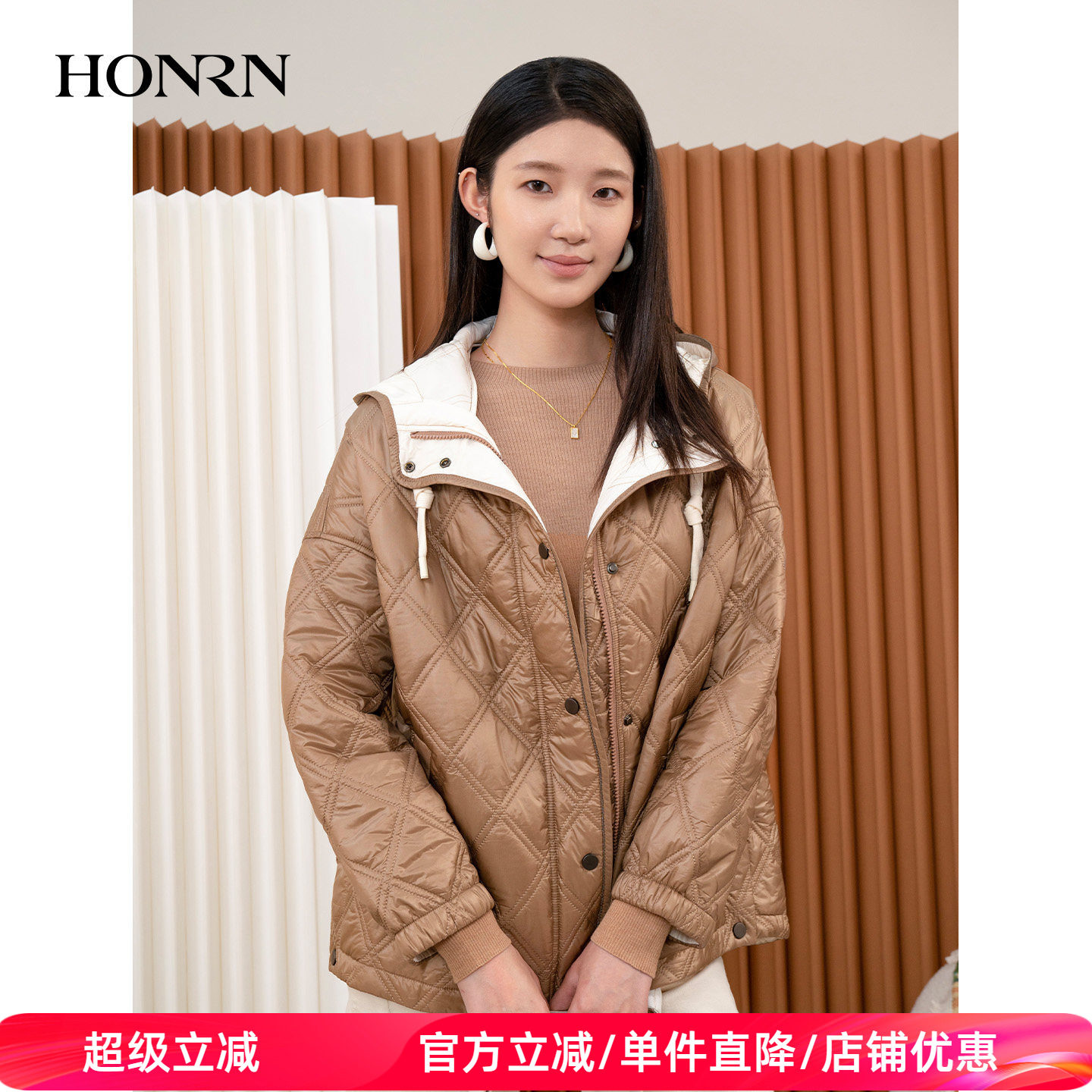 HONRN/红人休闲短款连帽菱格纹棉衣棉服外套女轻薄春秋HI33MA082