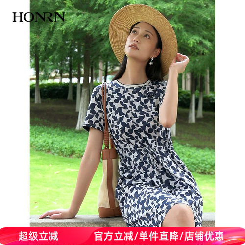 商场同款HONRN/红人优雅气质淑女直身收腰棉连衣裙女夏HL22OL247