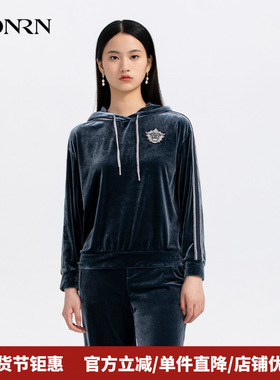 HONRN/红人运动休闲蓝色丝绒连帽长袖卫衣上衣女春秋款HH33SY047