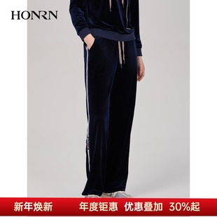 HONRN 女春秋HI39OK022 红人宽松蓝色松紧腰丝绒休闲运动直筒卫裤