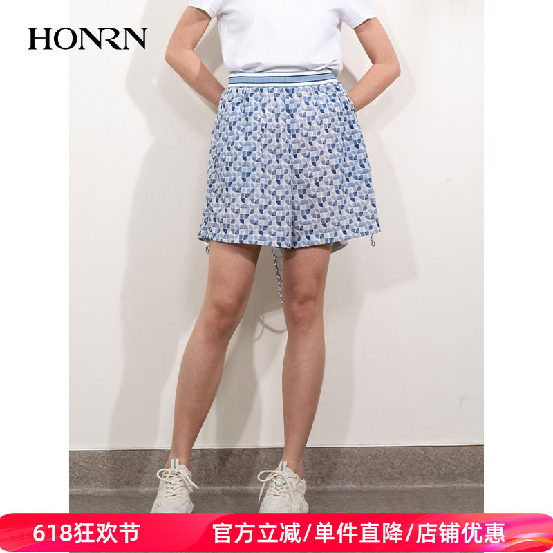 HONRN/红人宽松薄款松紧腰阔腿休闲短裤女款外穿夏季HI22OK245