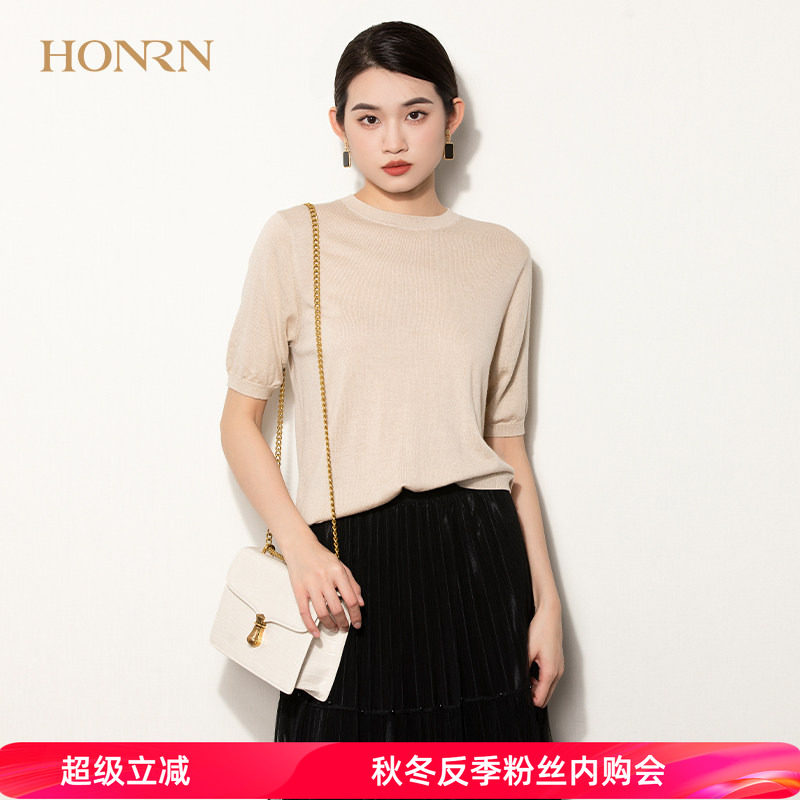 HONRN/红人修身显瘦薄款短袖圆领羊毛针织衫上衣正肩t恤女夏季