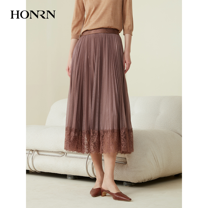HONRN/红人百褶长裙子a字显瘦蕾丝网纱拼接半身裙女春秋HH11OQ603
