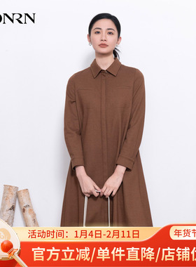 HONRN/红人秋冬羊毛混纺遮肉显瘦长袖衬衫裙子连衣裙女HI55OL336