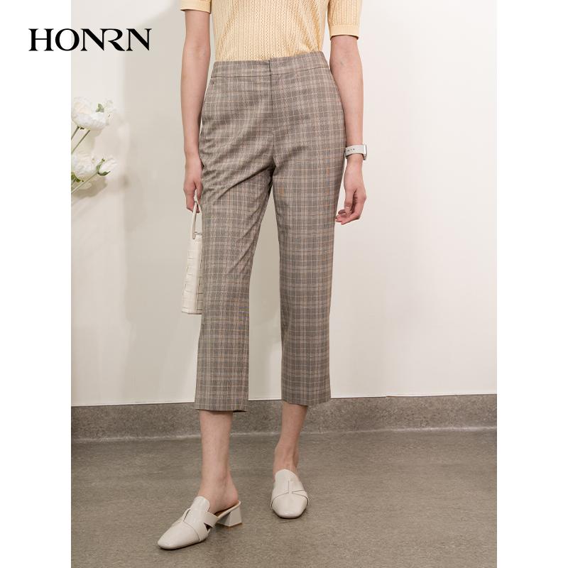 HONRN/红人九分格纹直筒休闲裤