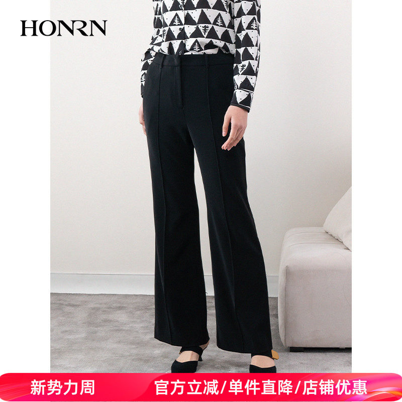 HONRN/红人黑色宽松直筒长裤子显瘦微喇休闲裤女春秋HH11OK375