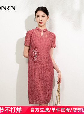 HONRN/红人气质显瘦红色短袖蕾丝旗袍裙子连衣裙女夏HI22OL779