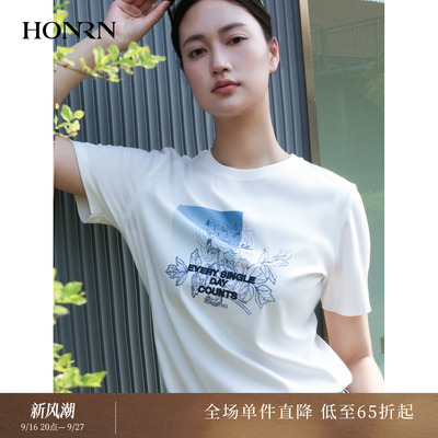 商场同款HONRN/红人亲肤纯棉圆领宽松女t恤上衣夏秋HK22SY068