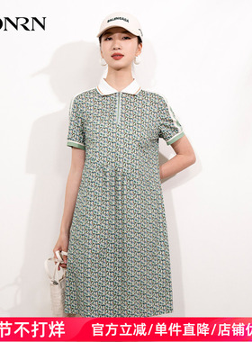 HONRN/红人绿色印花短袖遮肉显瘦纯棉裙子连衣裙女夏HI22OL426