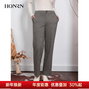 女秋冬HI55OK172 长裤 HONRN 红人复古格纹宽松显瘦直筒阔腿休闲裤