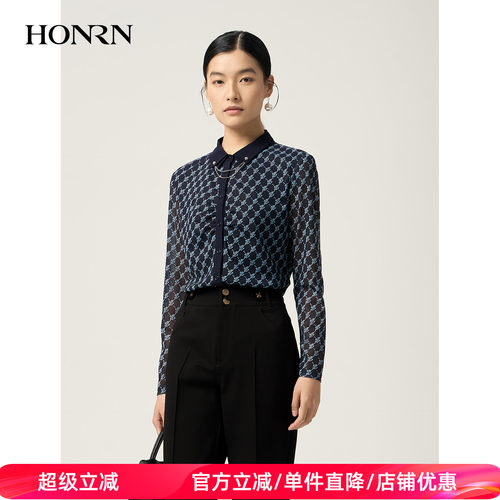 HONRN/红人翻领印花网纱衬衫上衣