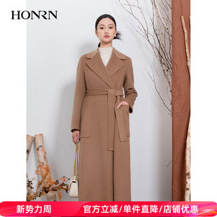HONRN 系带收腰双面羊毛呢子大衣外套女秋冬HI55OD752 红人中长款