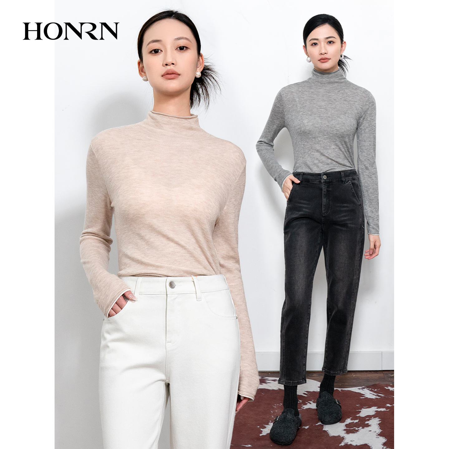 HONRN/红人半高领假两件针织衫