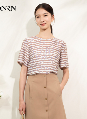 HONRN/红人宽松遮肉薄款圆领套头印花短袖t恤上衣女夏季HI22SY565