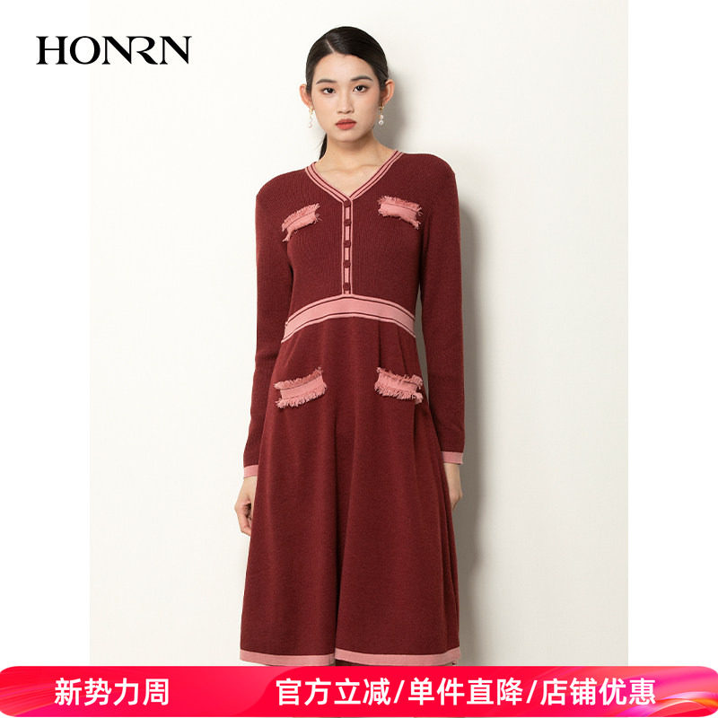 HONRN/红人春秋季红色长袖遮肚子减龄显瘦针织连衣裙女HH11OL623