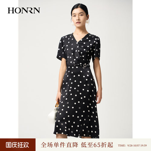 红人夏季桑蚕丝波点V领连衣裙