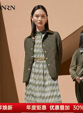 HONRN/红人深绿色宽松格纹薄款棉衣棉服外套女春秋款HH33MA736