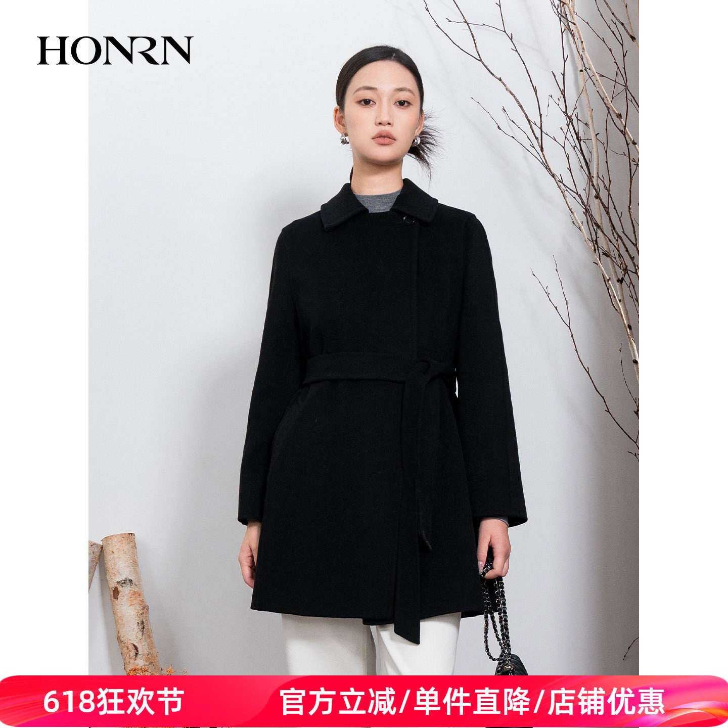 HONRN/红人翻领中长款山羊绒羊毛呢子大衣外套女秋冬HI55OD936