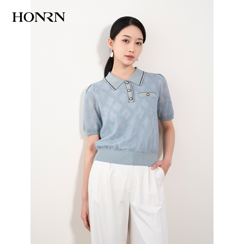 HONRN/红人蓝色修身显瘦短袖短款薄款针织衫上衣女夏季HH22OM671