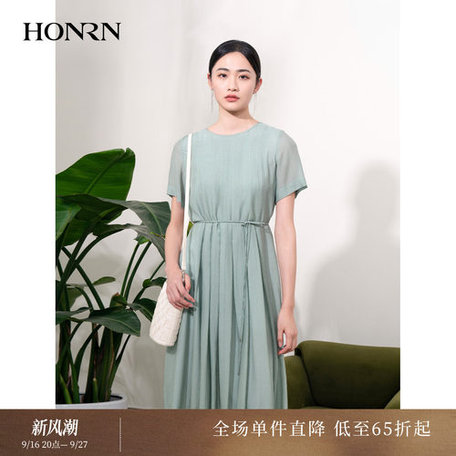 HONRN/红人桑蚕丝真丝收腰连衣裙