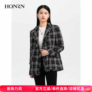 领黑白撞色毛呢外套女春秋款 西装 HH33OS589 红人休闲时尚 HONRN